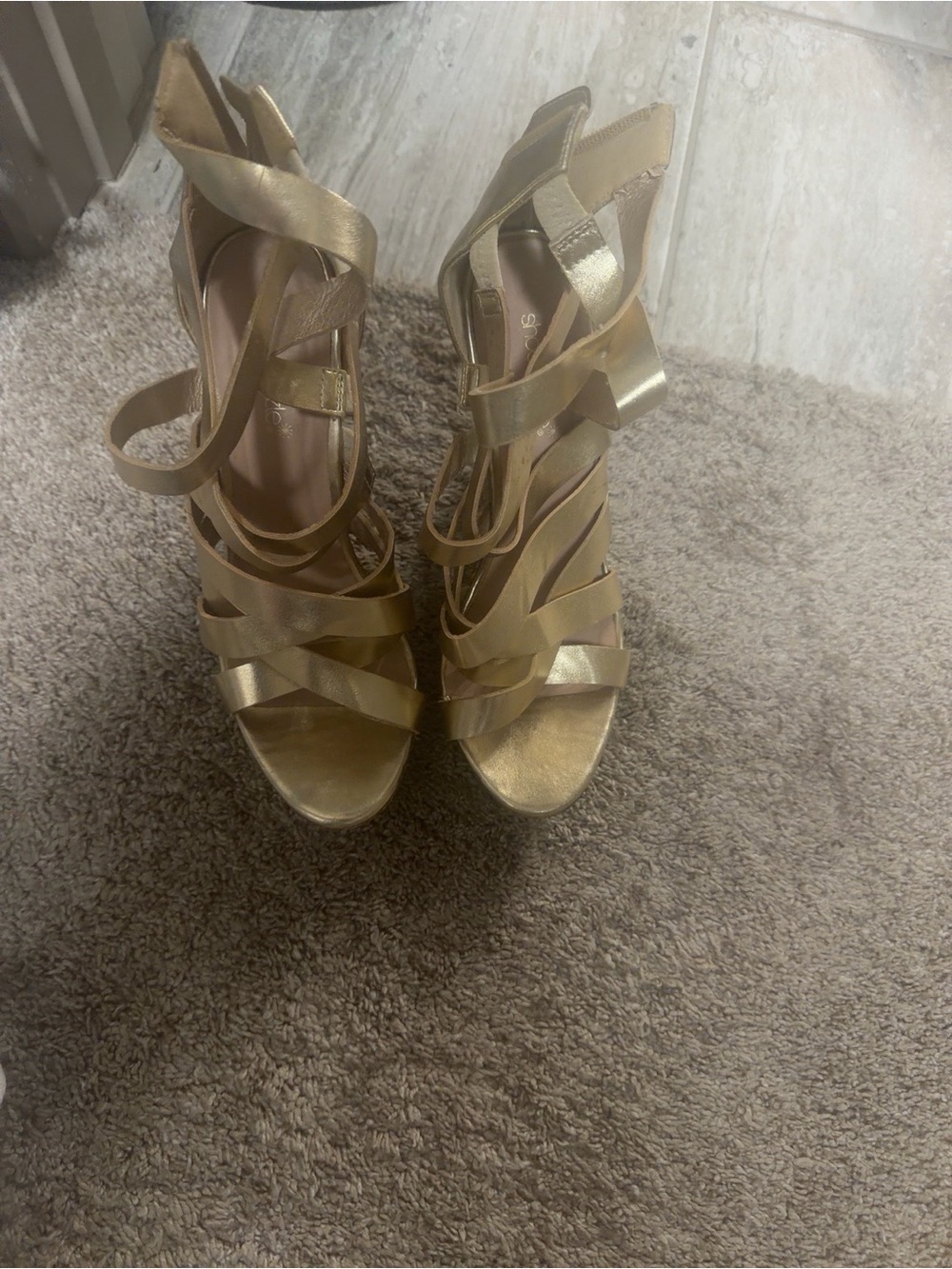 Shoe Dazzle Metallic Gold Strappy Wedge Sandals